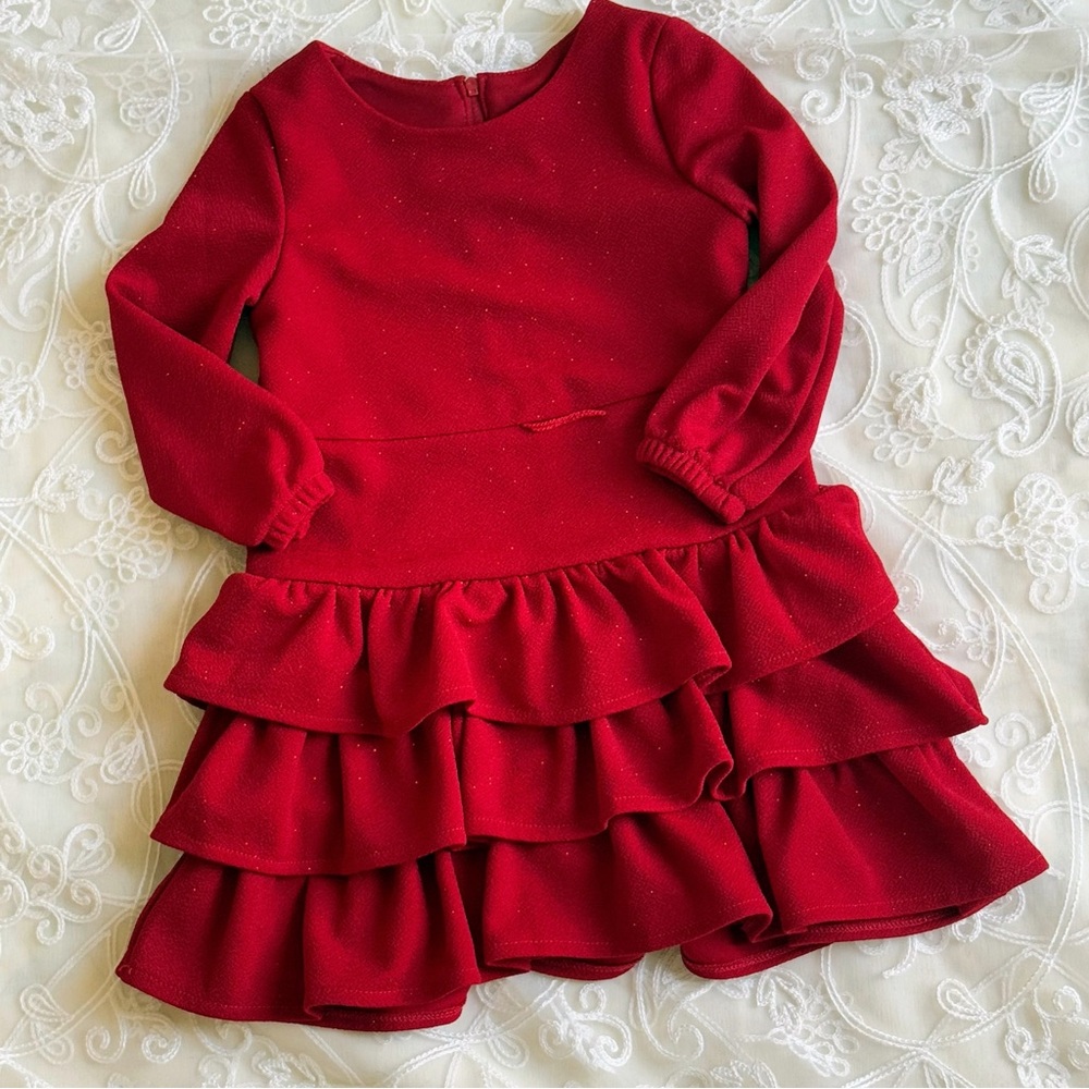 Rare Editions Red Ruffled Tiered Dress with Long Cuffed Sleeves